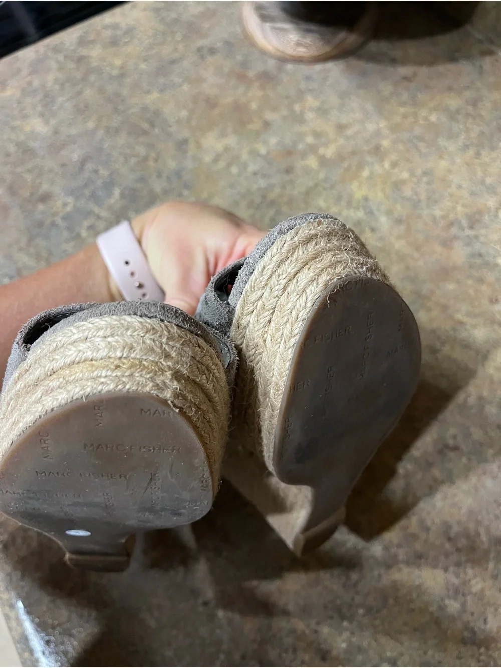 Marc Fisher Helina Suede Espadrille Wedge 6.5M Taupe Gray Laser Cut Boho